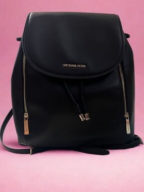 Michael Kors Black Leather Backpack with Gold Hardware